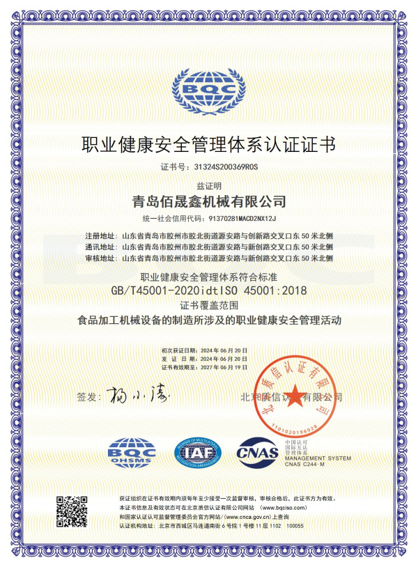 職業(yè)健康安全管理體系認證證書